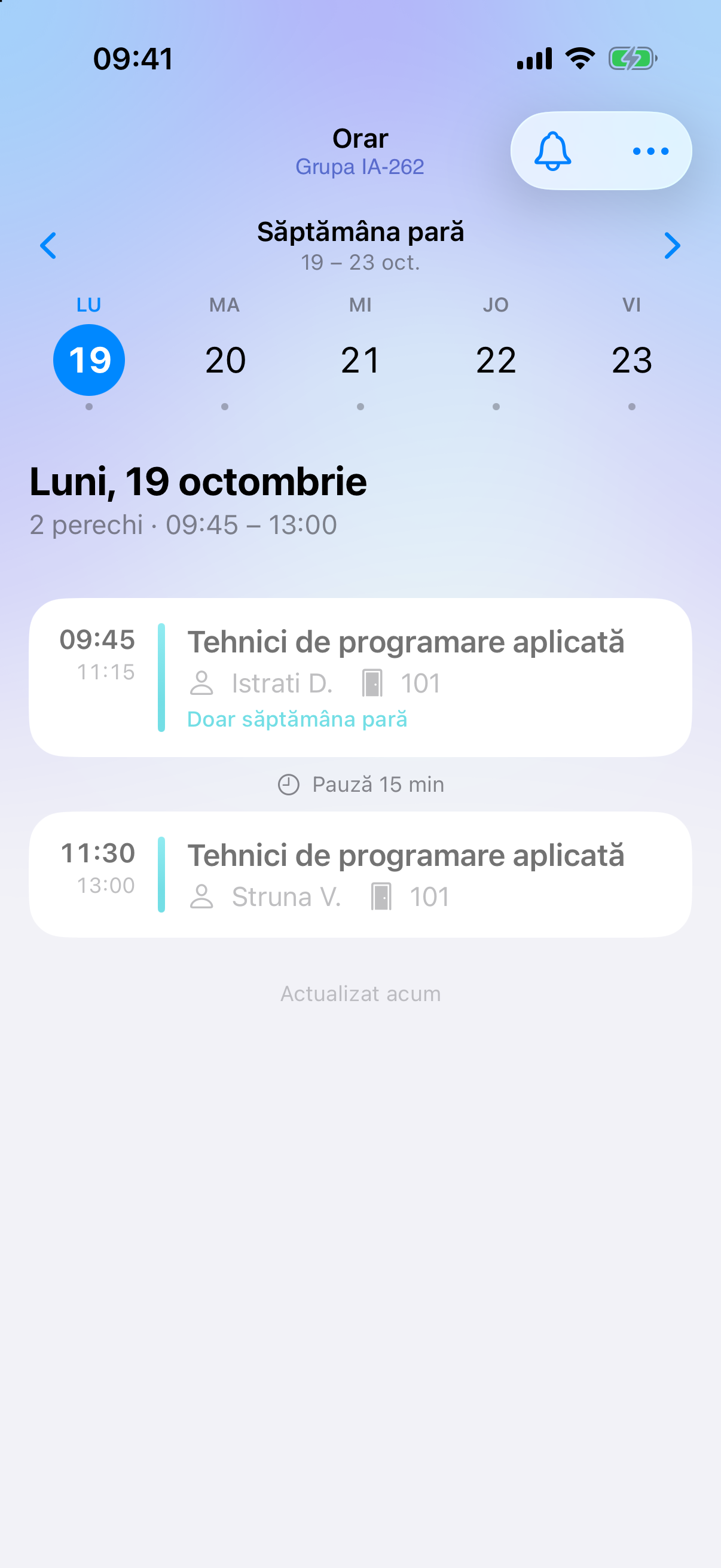 Captură Reală Live din Simulatorul iPhone 17 Pro · Orar IA-262